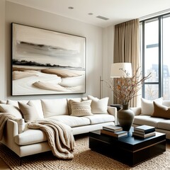 Elegant living room interior, neutral color palette, beige sofa, large abstract landscape painting, floor-to-ceiling windows, warm lighting, textured area rug, modern coffee table, decorative vase wit