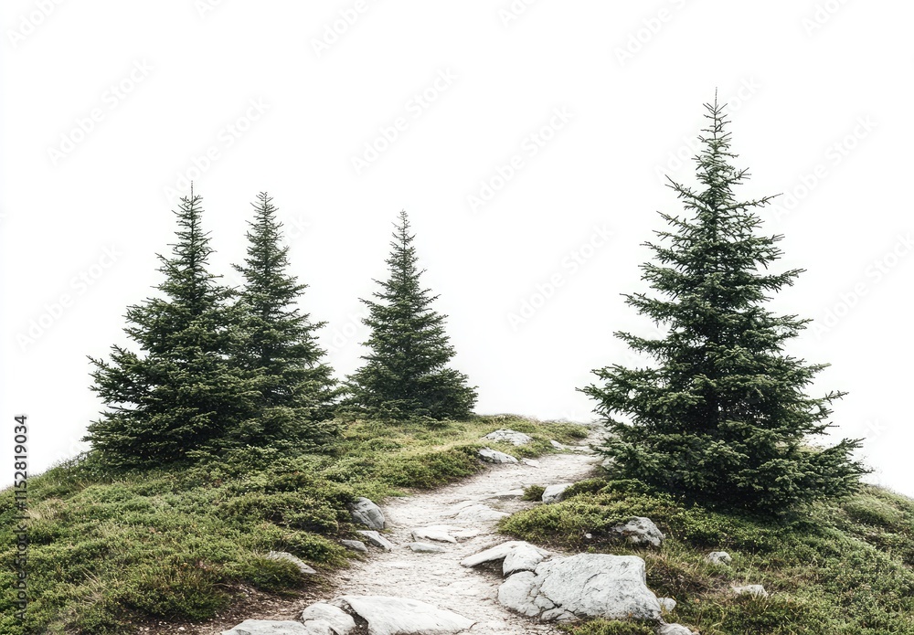 Poster a serene path through a misty forest with evergreen trees.
