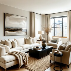 Elegant living room interior, neutral color palette, beige sofa, large abstract landscape painting, floor-to-ceiling windows, warm lighting, textured area rug, modern coffee table, decorative vase wit