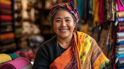 Fototapeta premium Ethnic small business owner smiling cheerfully in her shop, blurred background, bright and airy lighting for a welcoming. Point of Sale system, Customer Service, and Small Business Solution.