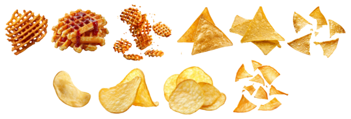 Collection of 3 potato fry fries chips, Criss cut waffle, Potato chip, Tortilla corn nacho, in whole stack pile and broken pieces on transparent cutout PNG. Mockup template for artwork design