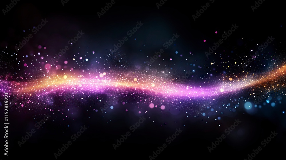 Poster colorful abstract background with sparkling bokeh lights and cosmic dust trail in a dark setting