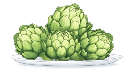 Obraz premium A vibrant arrangement of artichokes beautifully displayed on a white plate, showcasing their unique texture and color