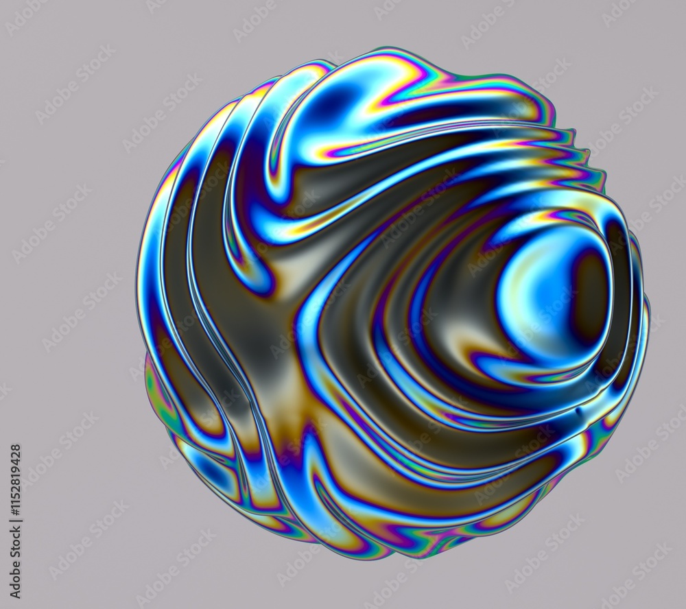Poster Holographic glossy sphere with ripples and distortions on the surface with rainbow iridescences. Abstract 3D illustration of futuristic glitchy blob.
