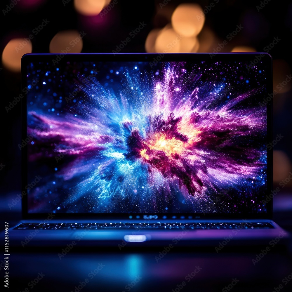 Poster a mesmerizing cosmic explosion displayed on a laptop screen against a backdrop of soft bokeh lights,