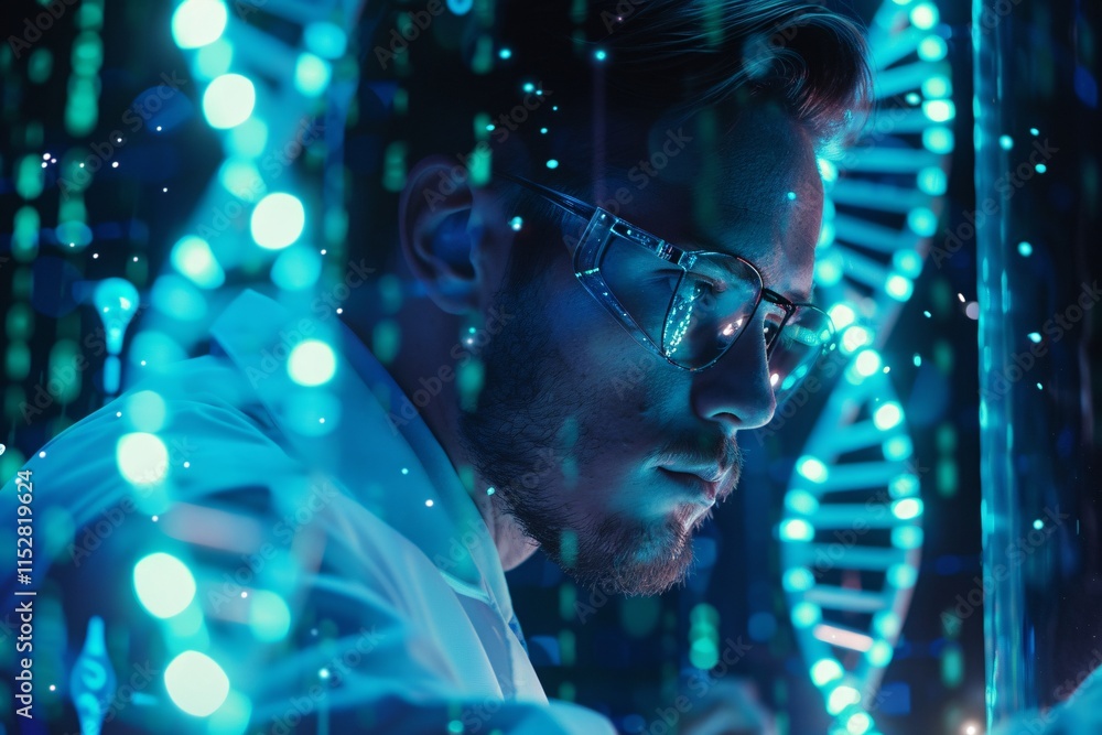 Poster a scientist in white coat with glowing data around them
