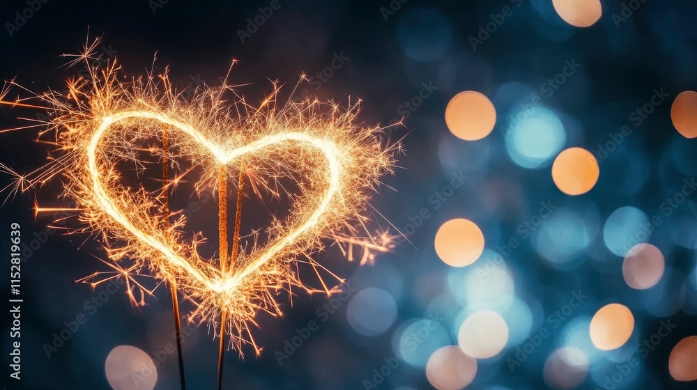 Poster a sparkling heart shape formed by a glowing sparkler against a dreamy backdrop of blurred colorful b