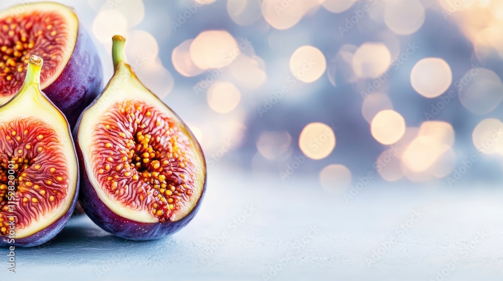 Poster freshly sliced figs on a light background with a dreamy bokeh effect creating a soft, inviting atmos