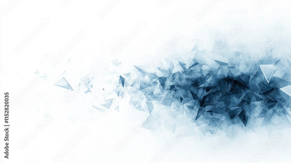 Poster an abstract depiction of scattered triangular shapes in varying shades of blue merging into a soft w