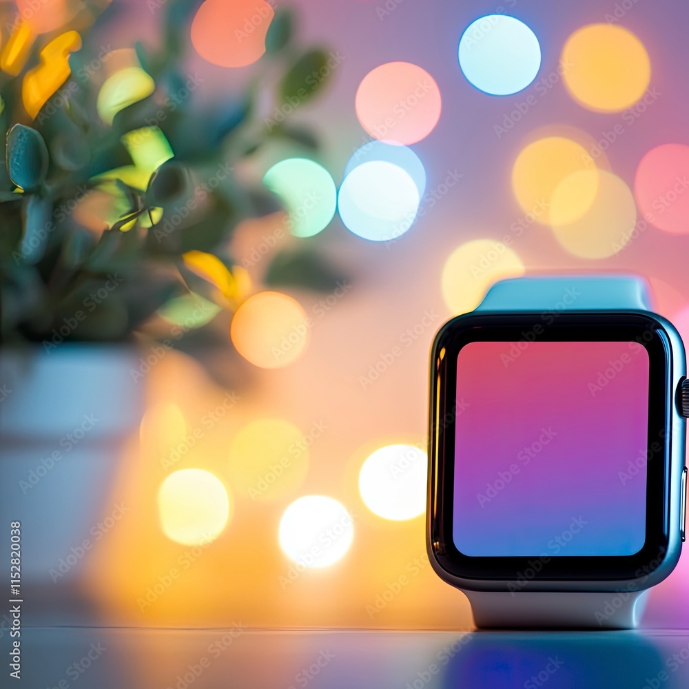 Aufkleber elegant smartwatch displaying vibrant colors in a modern setting with a blurred bokeh background for