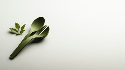 Stylish green utensils and fresh mint leaves on a clean, minimalist background ideal for culinary and dining concepts