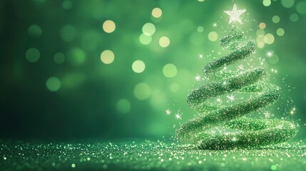 Sparkling green Christmas tree with shimmering lights and festive atmosphere, creating a magical holiday setting.