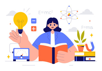 Physics Learning Vector Illustration featuring Students Exploring Electricity, Magnetism, Light Waves and Forces of Science and Technology Exploration