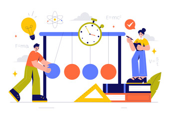 Physics Learning Vector Illustration featuring Students Exploring Electricity, Magnetism, Light Waves and Forces of Science and Technology Exploration