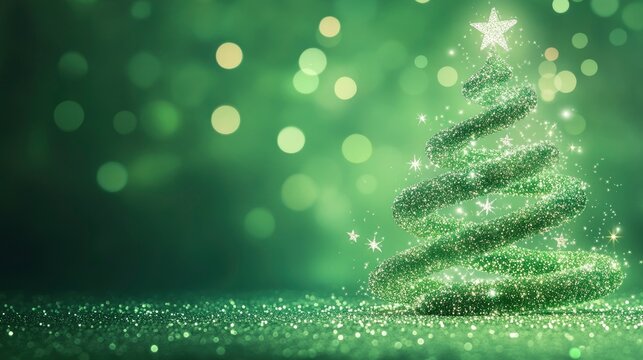 Sparkling green Christmas tree with shimmering lights and festive atmosphere, creating a magical holiday setting.