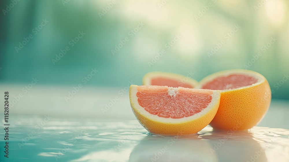 Poster freshly cut grapefruit slices glistening on a reflective surface with soft green background creating
