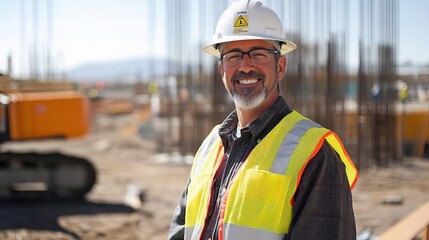 Fototapeta premium Smiling Construction Worker in Safety Gear at Work Site