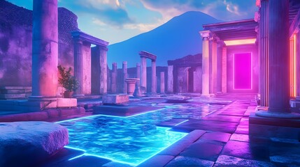 Fototapeta premium neon ruins: ancient city, cyberpunk portal - retrofuturism: blendin.