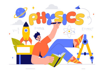 Obraz premium Physics Learning Vector Illustration featuring Students Exploring Electricity, Magnetism, Light Waves and Forces of Science and Technology Exploration