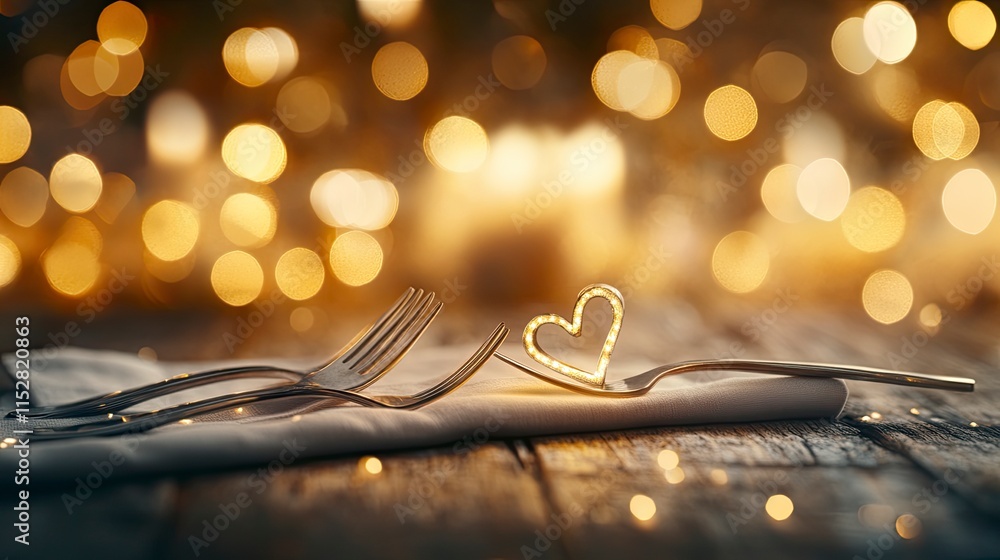 Poster elegant table setting with sparkling bokeh lights, decorative heart, and polished cutlery creating a
