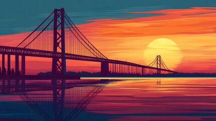 Obraz premium Sunset Silhouette Bridge Scenic Water Reflection