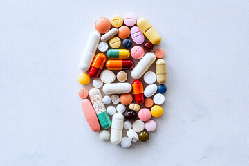 Variously sized and colored pills displayed on a clean white backdrop