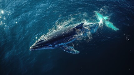 Fototapeta premium A majestic whale swimming gracefully in deep blue ocean waters.