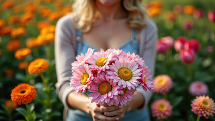 Woman Holding a Bouquet of Flowers in a Vibrant Summer Garden, Featuring Pink Petals and Blossoms in Sunlit Outdoor Setting