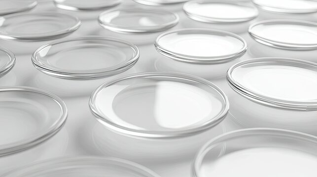 A minimalist arrangement of transparent, curved glass panels laid out in a grid pattern on a soft gradient background.