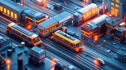 Low-poly isometric city with trains and railway infrastructure at night.