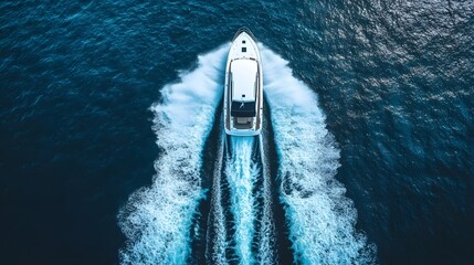 Bird’s-eye view of a motorboat in the vast ocean, its white wake contrasting beautifully with gradient blue water.