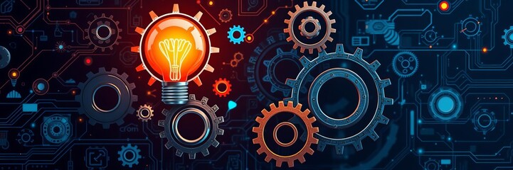 Close-up of a light bulb surrounded by gears symbolizing new ideas, creativity, and innovative solutions, inspiration, concept