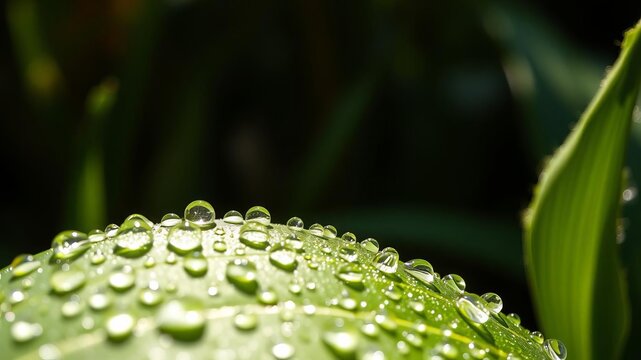 Close up of a leaf covered in morning dew droplets glistening in the sunlight, nature, morning