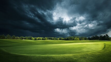 A dynamic golf course under dramatic storm clouds, Golf clubs prepared for challenging weather, Stormy challenge style