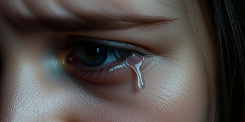 Close up of a single tear running down the cheek of a sorrowful eye, tear, loneliness
