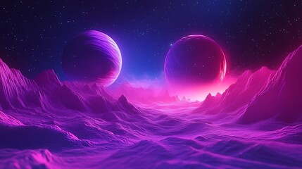 Fototapeta premium Vibrant Digital Painting: Glowing Planets Rise Over a Purple Alien Landscape. AI Generated