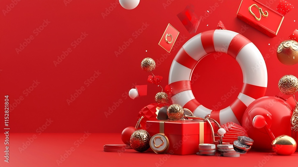 Aufkleber vibrant lunar new year symbols including auspicious icons and on a red backdrop with an open text pl