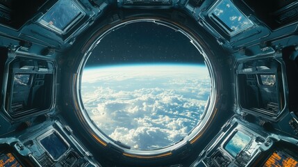 A futuristic spacecraft interior featuring a large window that frames a view of Earth from space.