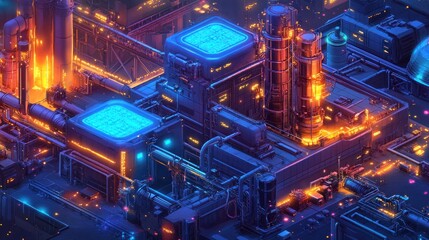 Obraz premium A semi-automated stock cracker plant operating in a cyberpunk city, neon holograms and sleek designs, 
