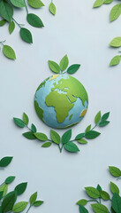 Illustration of earth surrounded by green leaves on soft blue background, papercraft, with white tones