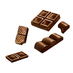 watercolor drawing pieces of chocolate isolated at white background, hand drawn illustration