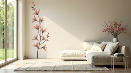 Modern Minimalist Living Room Interior Design with Elegant Floral Wall Decor and Cozy Sectional Sofa