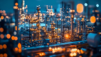 Night view of illuminated industrial refinery plant.