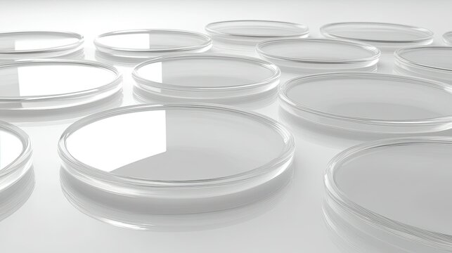 A minimalist arrangement of transparent, curved glass panels laid out in a grid pattern on a soft gradient background.