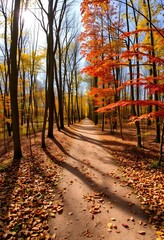 Naklejka premium Autumnal Path Through a Vibrant Forest
