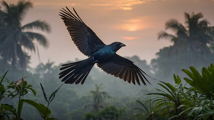 Fototapeta premium A glossy black drongo perched on a thin tree branch, its forked tail elegantly displayed, with its iridescent feathers catching hints of blue in soft sunlight, set against a blurred green forest backg