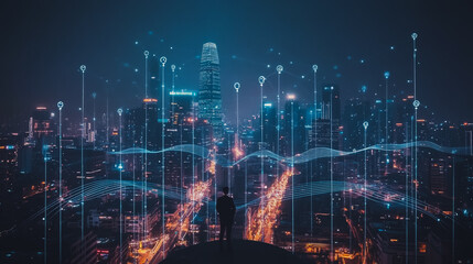Fototapeta premium Smart digital city with connection cyber security network reciprocity over the cityscape . future smart wireless digital city and social media networking systems that connects people within the city