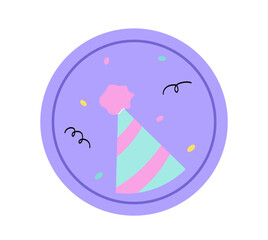 Happy birthday sticker. Cone hat and colorful confetti. Annual holiday and festival, celebration. Greeting postcard. Poster or banner. Flat vector illustration