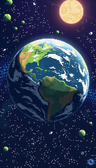 earth from space, pixel art, with white tones