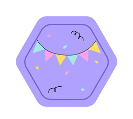 Happy birthday sticker. Garaland and colorful confetti. Annual holiday and festival, celebration. Greeting postcard. Template and layout. Flat vector illustration